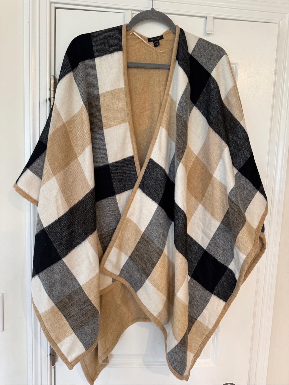 Ann Taylor Plaid Open-Front Poncho in Black, Cream & Tan